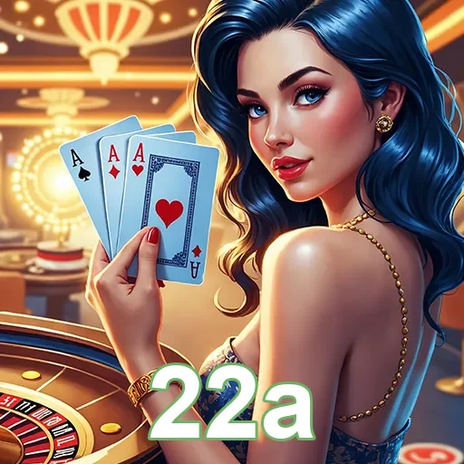 Imagem do cassino com o logo do site 22a, destacando a atmosfera de entretenimento e jogos de azar.
