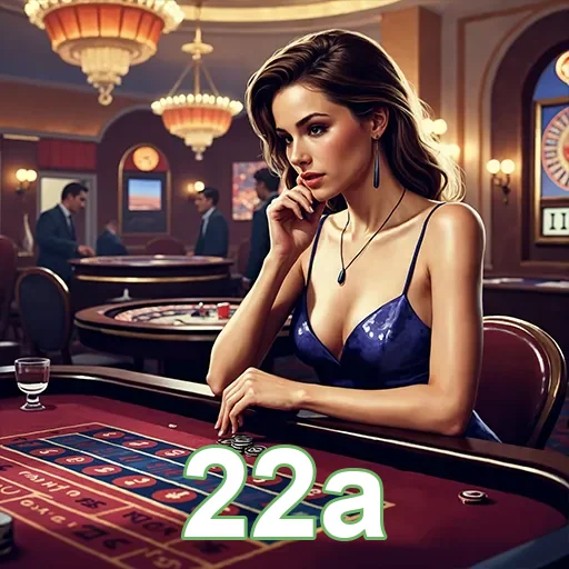 Imagem de um cassino elegante com o logo 22a, destaque para jogos de azar e ambiente sofisticado do site 22a